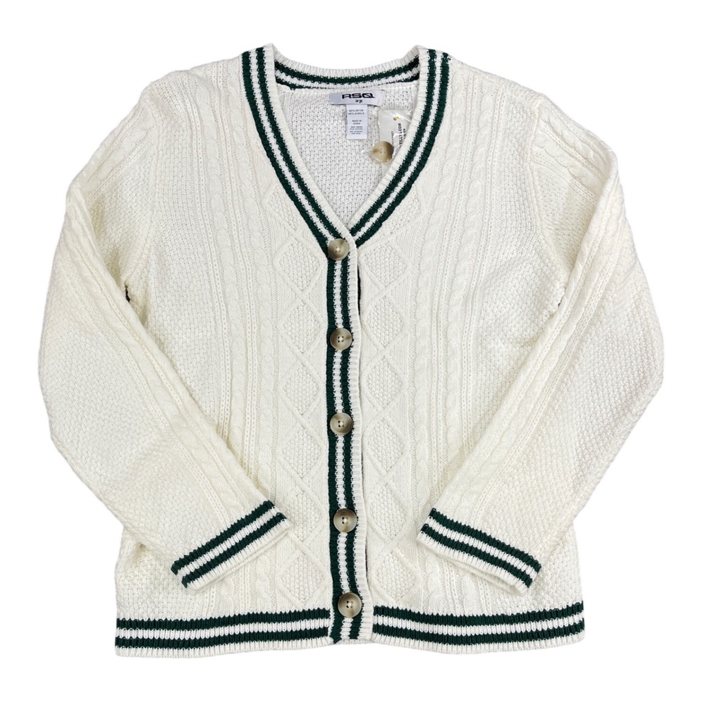 RSQ‎ Kids Sweater Cardigan Cream Green Cable Knit V Neck School Preppy Size L